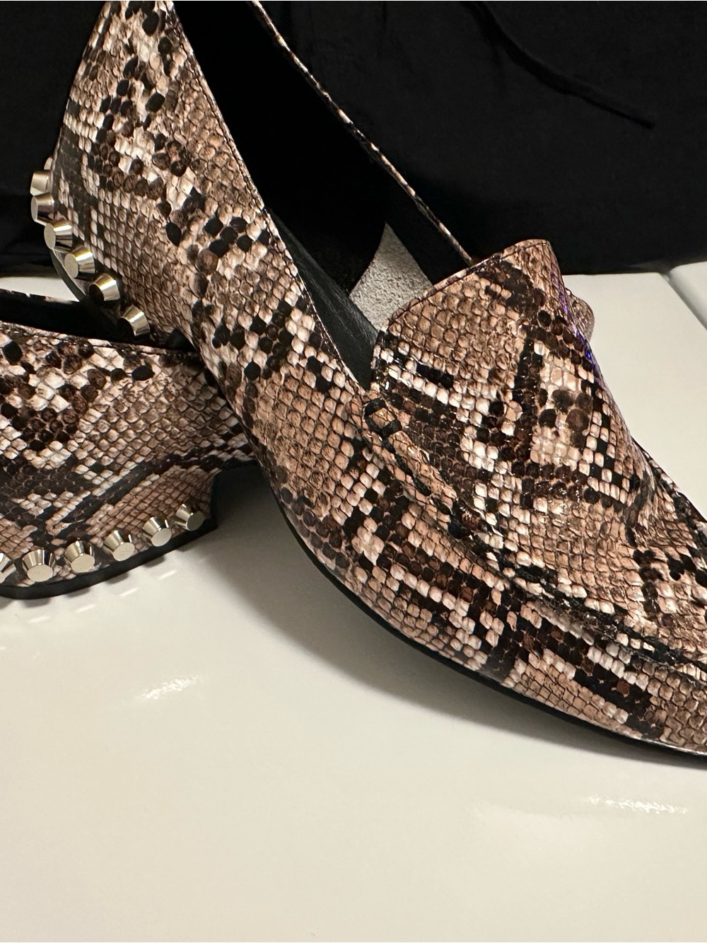 Jeffrey Campbell Brown & Black Snakeskin Loafers with Studded Heel